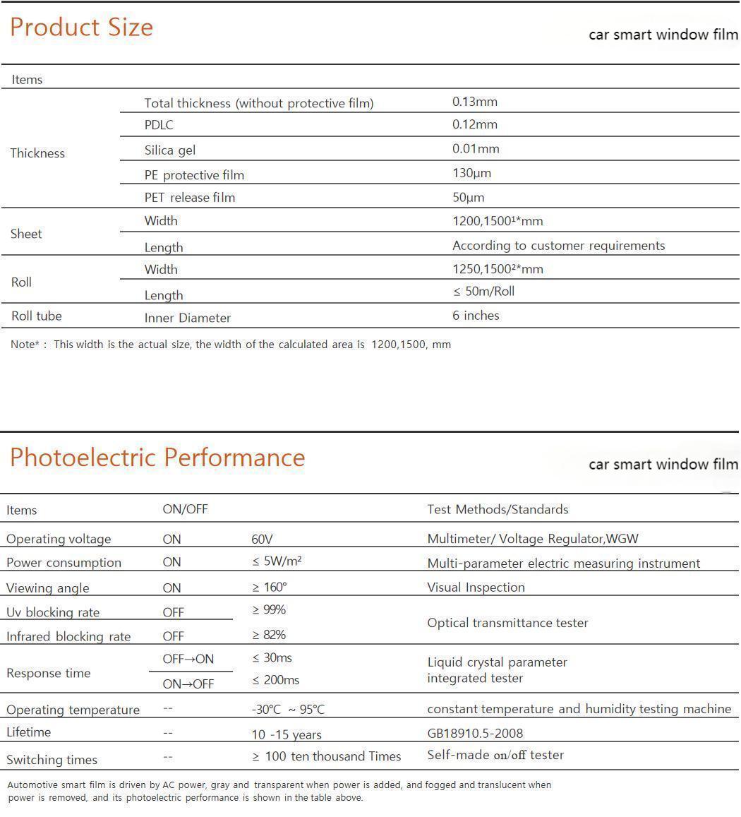 car smart window film specifications